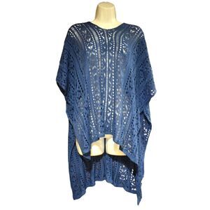 Womens Blue Knit Swim Beach Coverup Size Medium Sleeveless Poncho Shawl